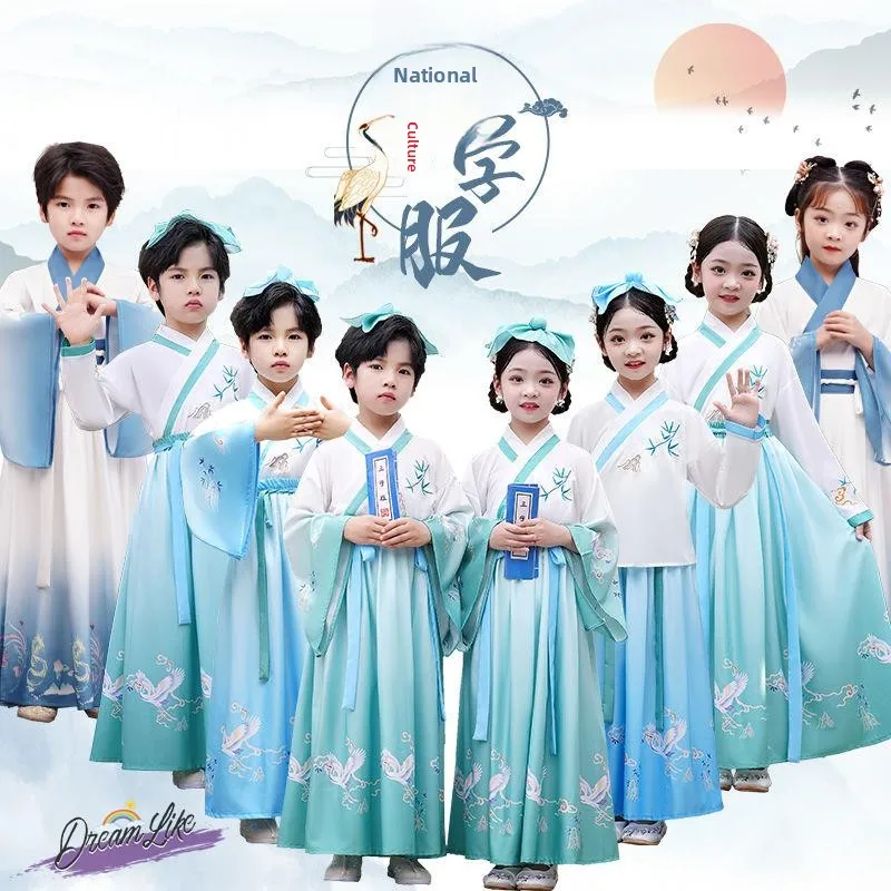 

Традиционный китайский костюм Ханьфу для учащихся начальной школы, одежда для выступлений на церемонии каллиграфии, для мальчиков и девочек, в стиле Тан (поэтический стиль)