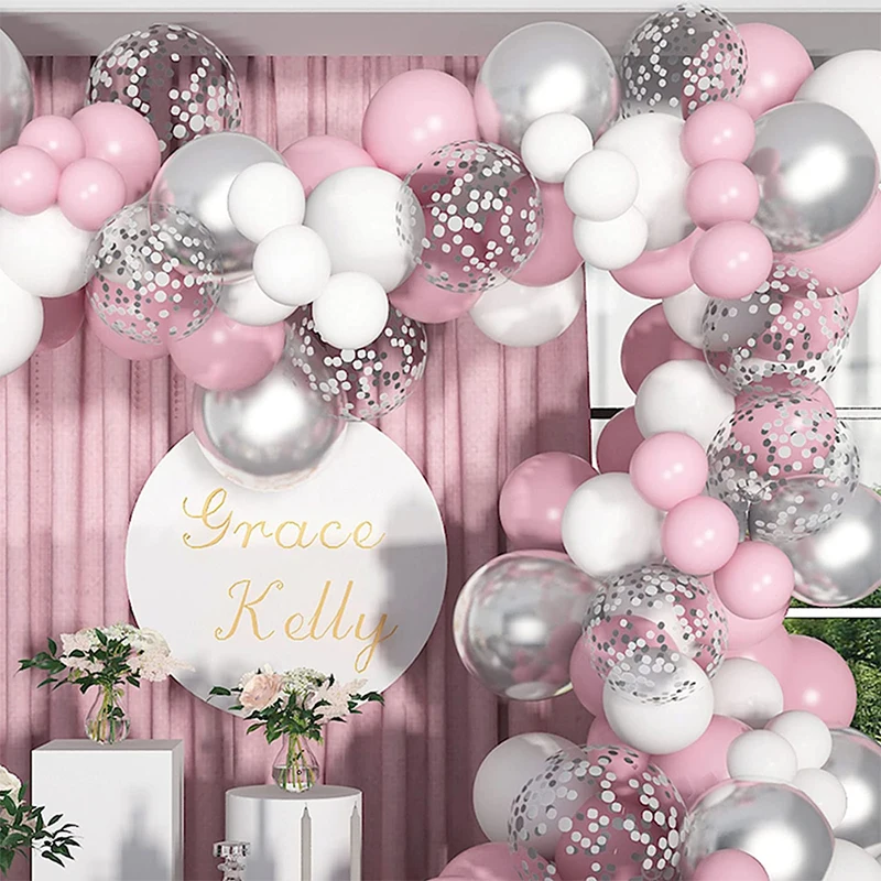 Pink White Silver Balloon Garland Arch Kit For Wedding Anniversary Baby Shower Girl Birthday Party Decorations Arco De Globos