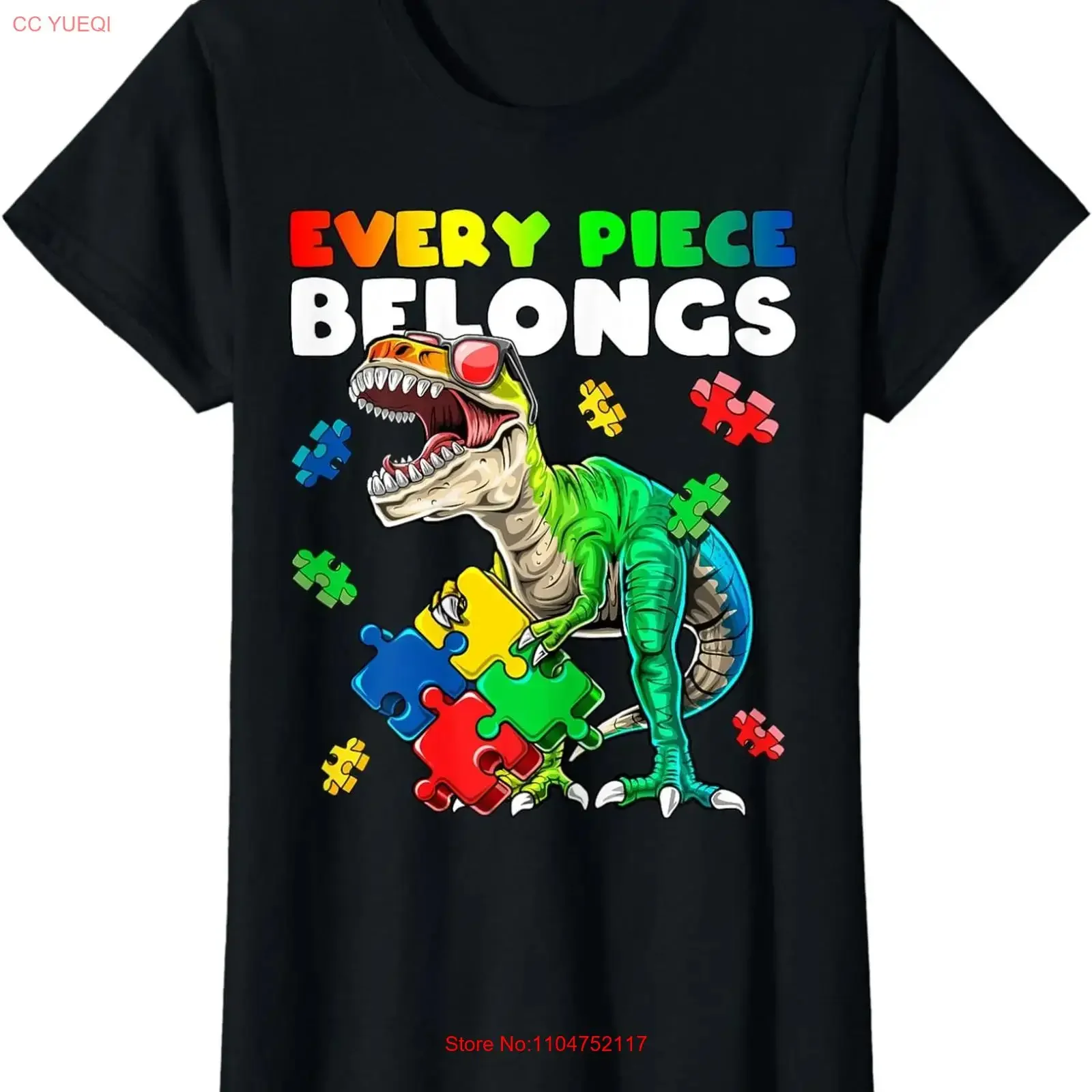 Every Piece Belongs Dinosaur Autism Awareness Puzzle Ladies' Crewneck T Shirt long or short sleeves vintage Washed
