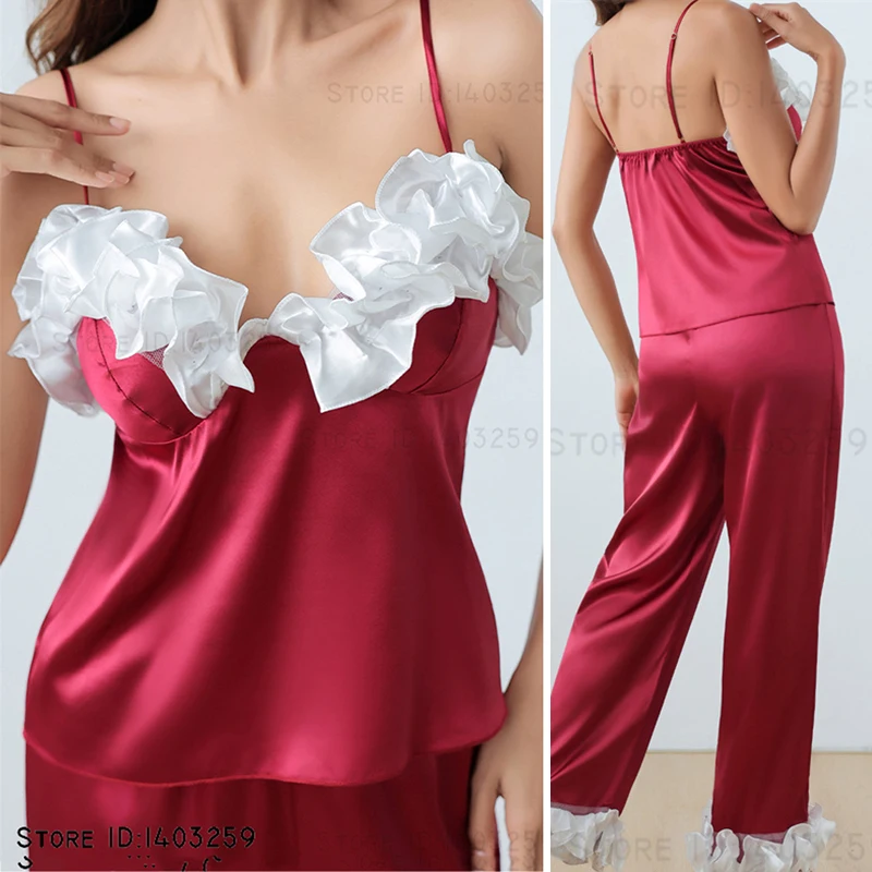 

Sexy Suspender Pajamas Trouser Suits Patchwork Ice Silk Lace Intimate Lingerie Sleepwear Home Clothes Spring Summer Lounge Wear