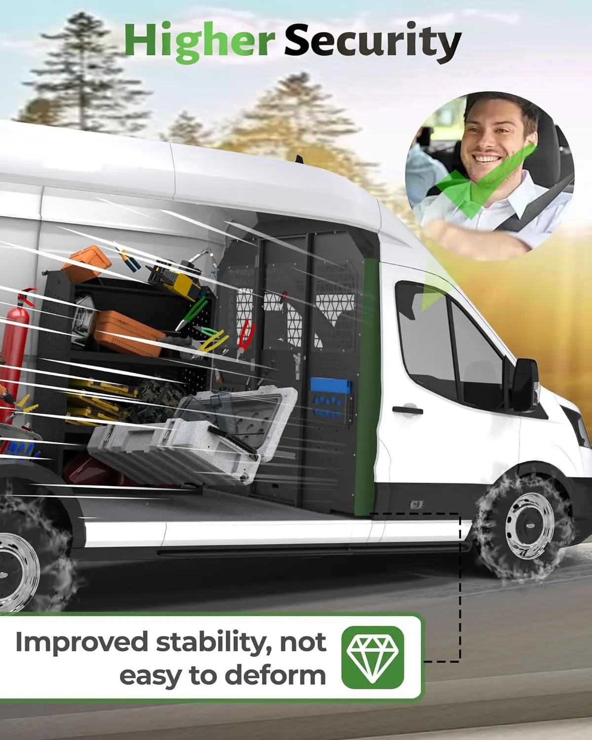 CargoVanPartition, cloison de séparation VanSafety adaptée au toit haut Ford Transit 150 250 350, avec serrure de porte et panneau acrylique, noir