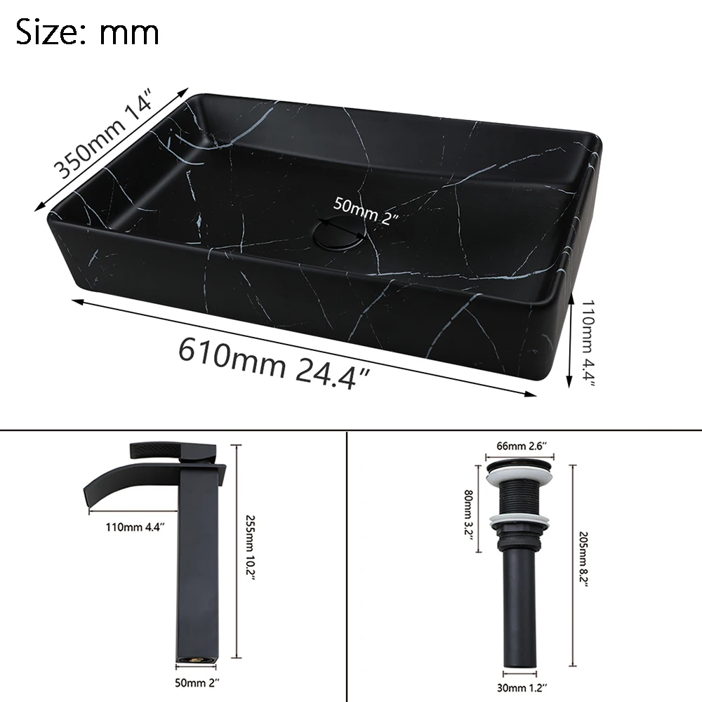 YANKSMART Ceramic Rectangular Bathroom Basin Vanity Counter Top Large Vessel Sink with Black Waterfall Faucet & Pop-up Drain Set