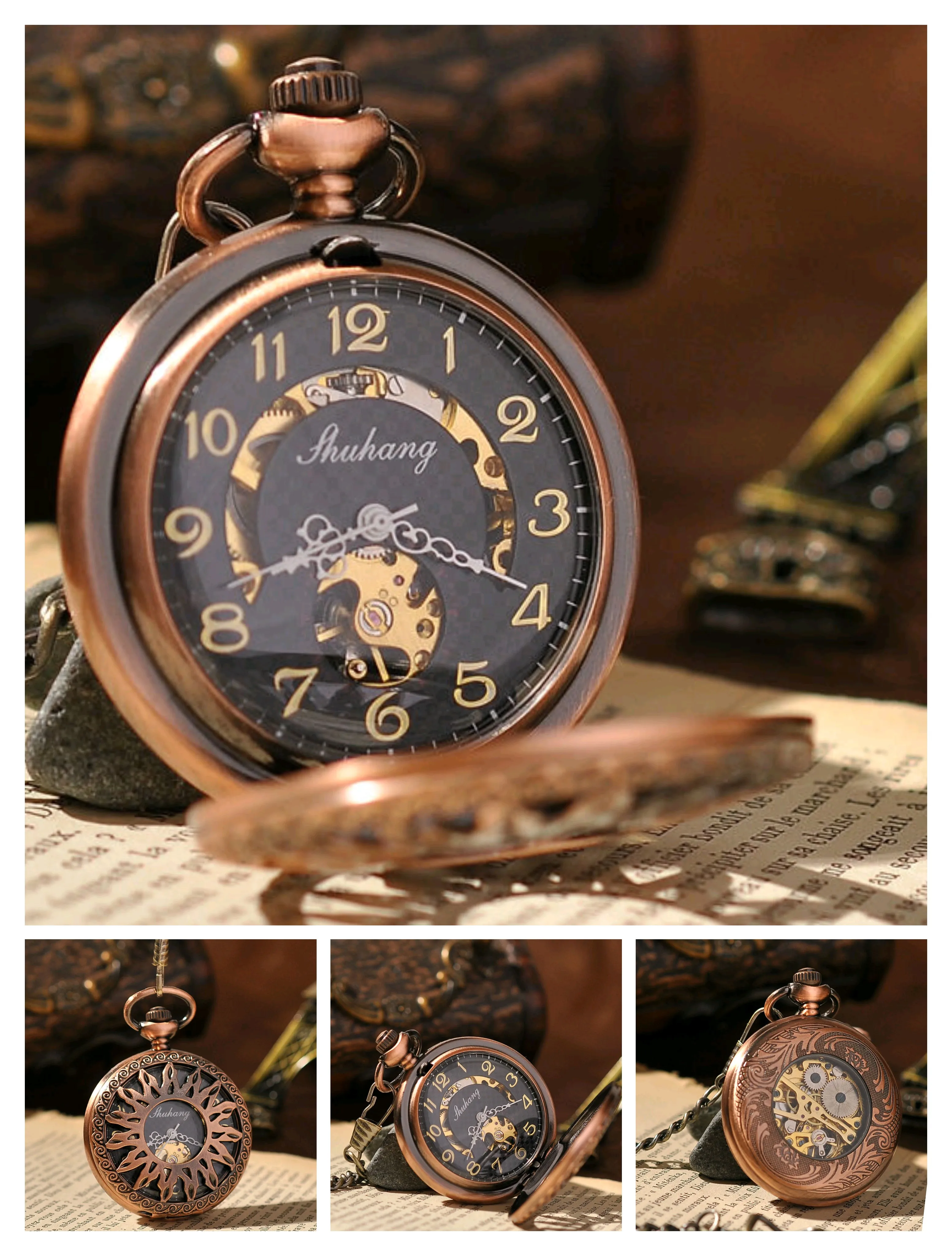 Cobre tom Steampunk esqueleto relógio de bolso para homens, caixa oca, mostrador preto, número árabe, mão vento movimento mecânico, corrente Fob