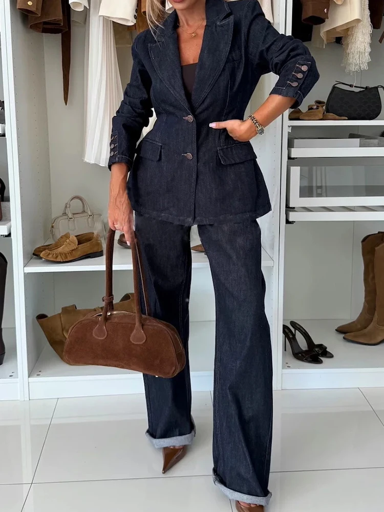 

Spring Autumn Denim Style Two Pieces Sets, V Neck Cardigan Top Wide Leg Pants Chic Outfit, New Casual Loose Fashion Ladies Suits