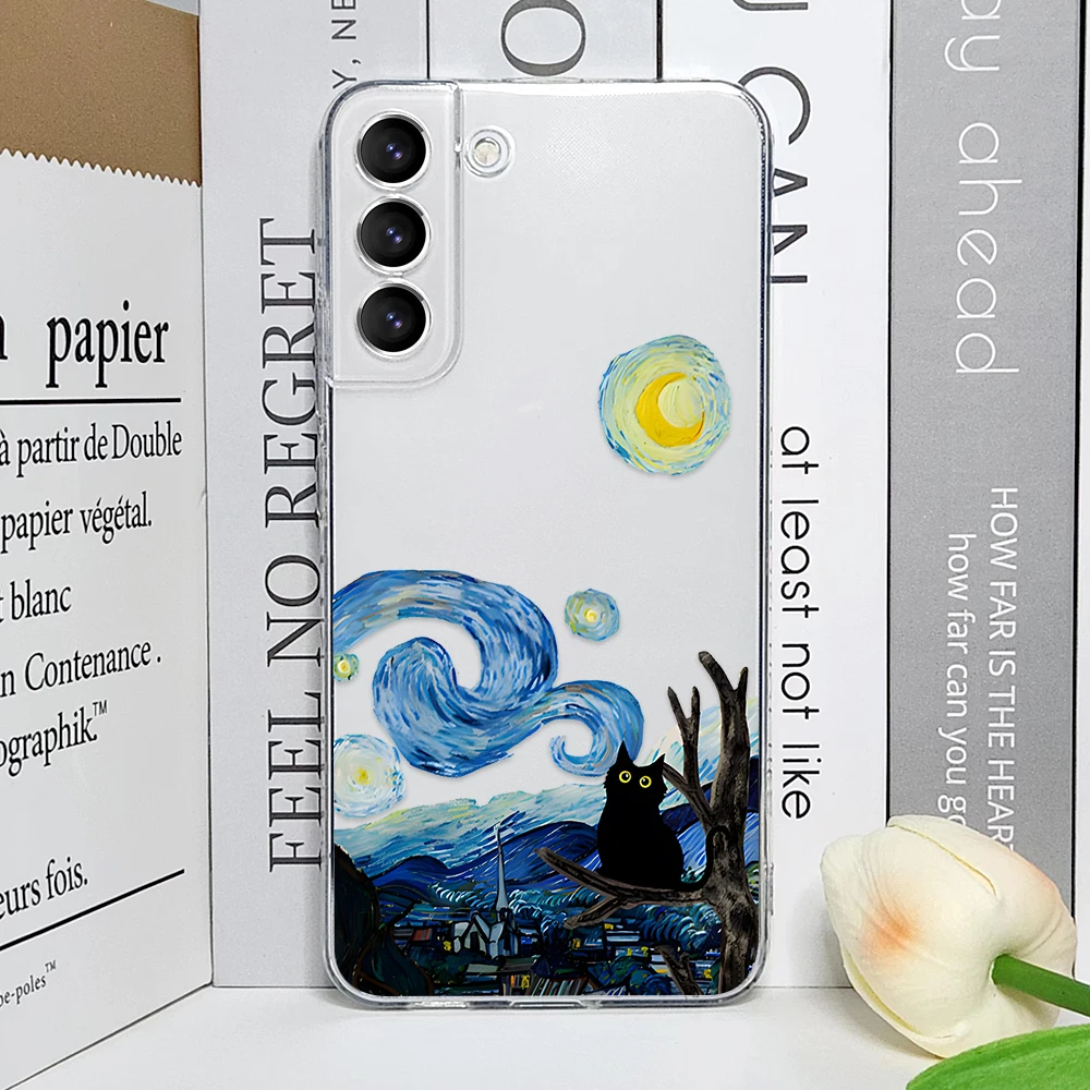 Retro Oil Painting Van-Gogh Cat Phone Case for Samsung Galaxy S25 S24 S23 S22 S21 Ultra Plus FE 5G Transparent Soft Cover Fundas