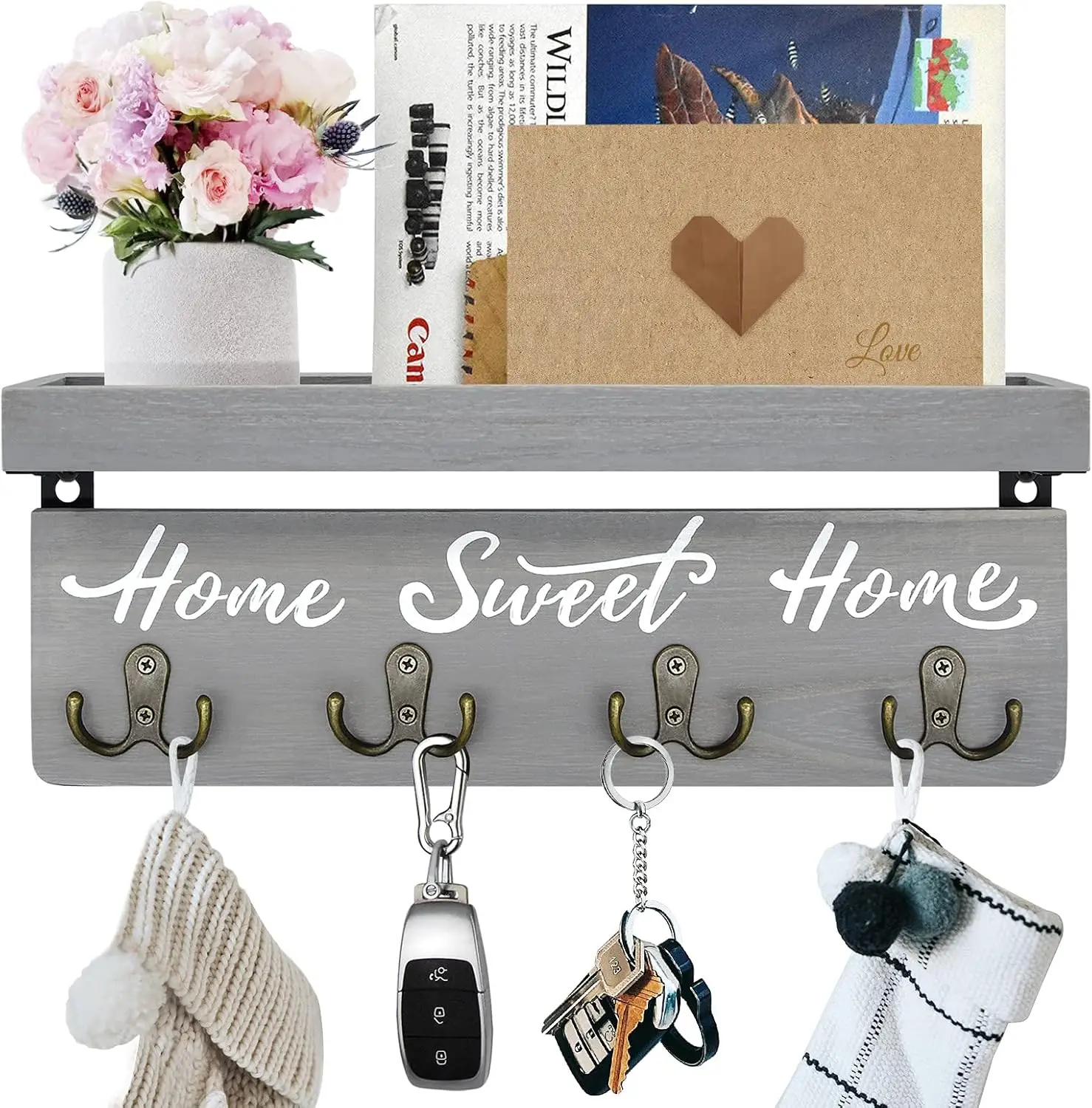 

buways Key Holder Wall Mount with 4 Double Hooks-Solid Wood Wall-Mounted Organizer for Keys&Mail Rustic Key Rack Hanger Holder Home Decor for Entryway Living Room (Gray)