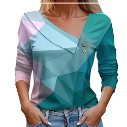 Classic Pullover Top 3D Cutting Skin-Touch Autumn Blouse Geometry Patchwork Color Loose Autumn Tee Shirt