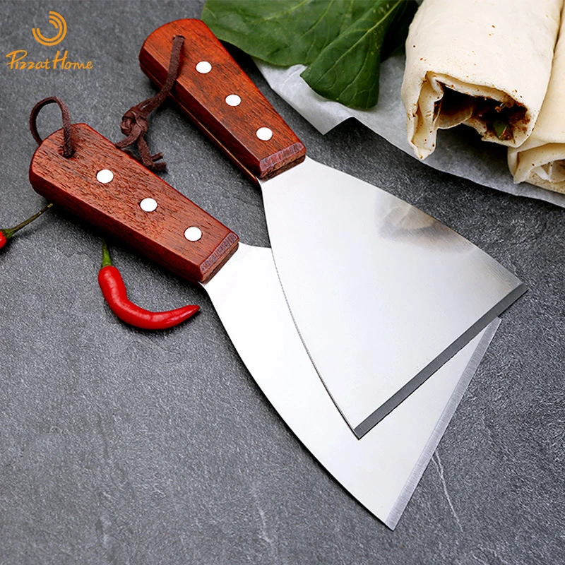 PizzAtHome Stainless Steel Food Spatula Grill Food Shovel Wood Handle BBQ Tool Beef Steak Turner Square Triangle Shovel for BBQ