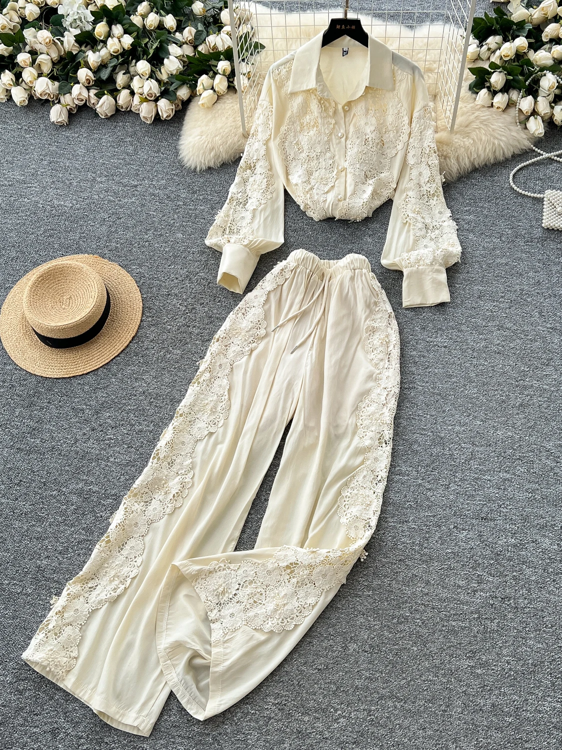 

Faionable Lace Splicing Long Sve irt And High Waist Wide Leg Straight Pants Women's Set Ele Hollow out Hook Design