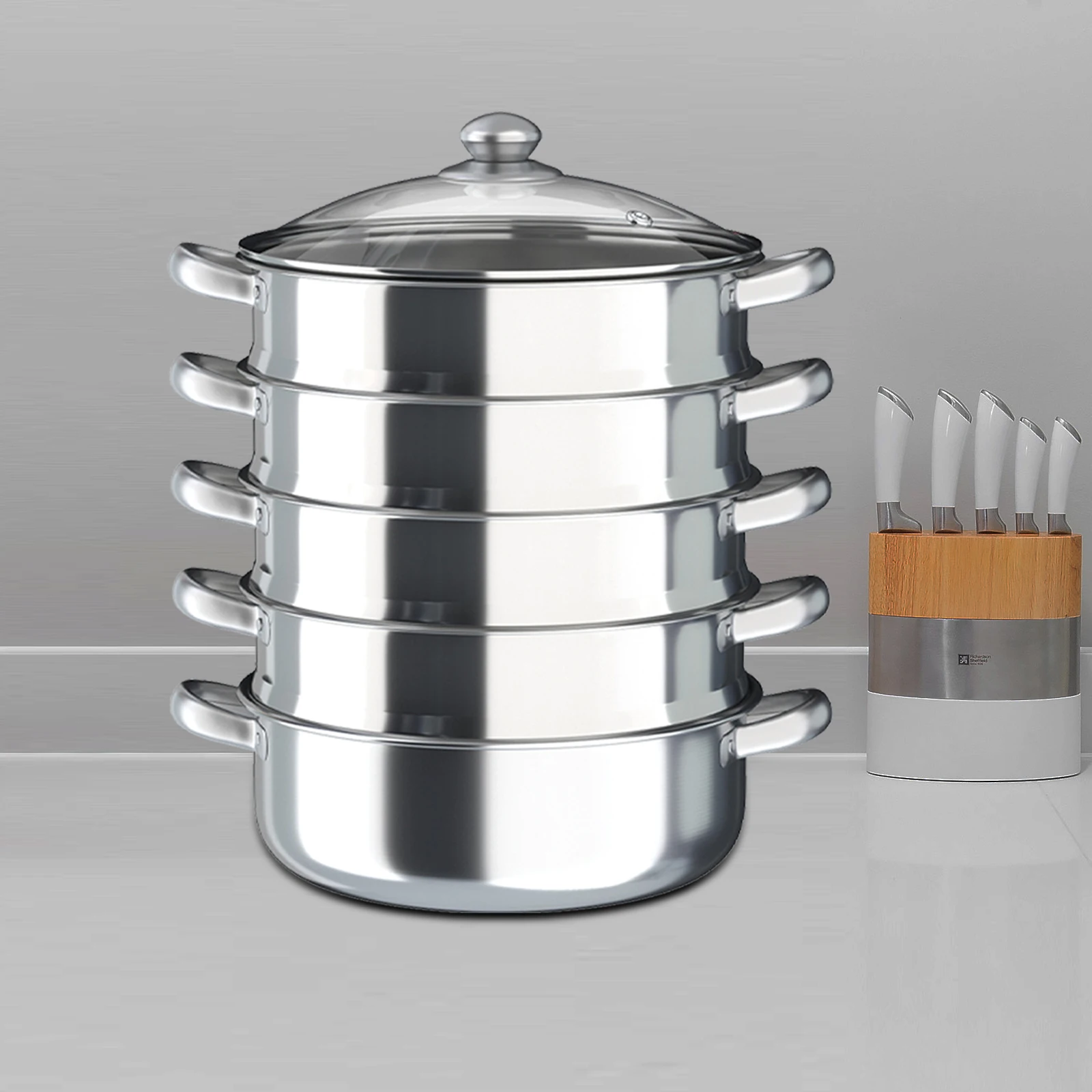 

5-Tier Stainless Steel Steamer Silver Round with Transparent Pot Lid Fast Heating Pot for Various Stoves
