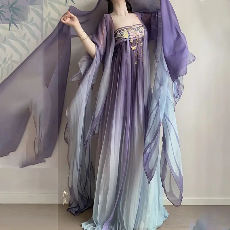 Cinese Hanfu Dress Tang Dynasty adulto viola Hanfu donne gonna antica palazzo ricamato grande maniche stampa Hanfu Set