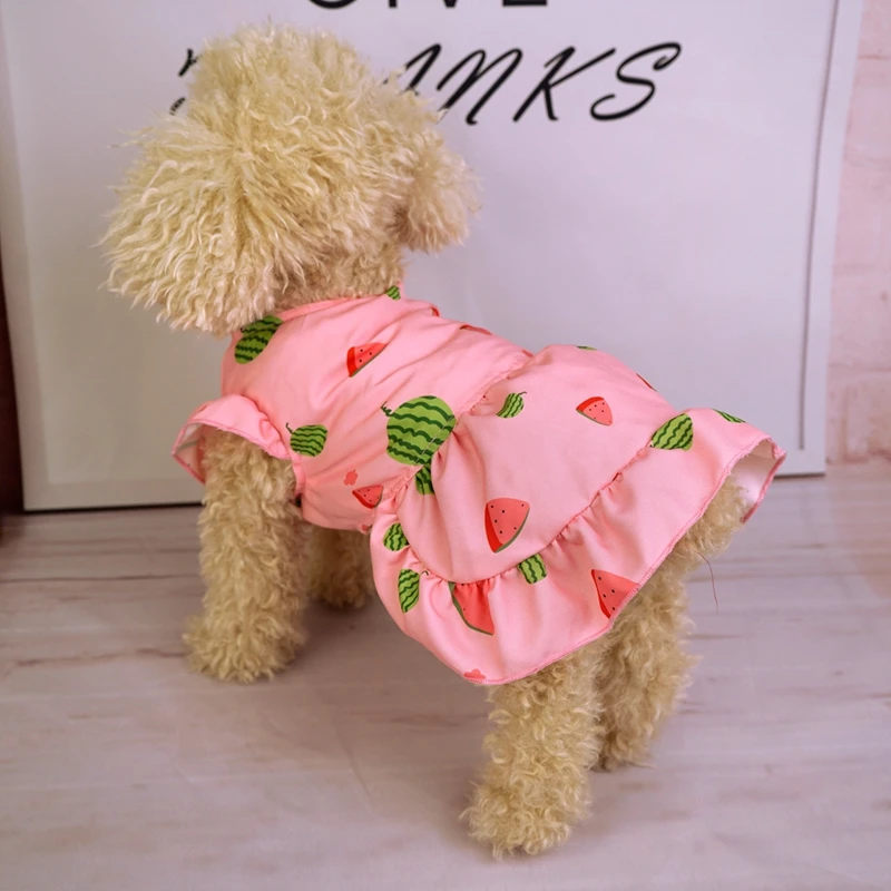 Fruit Dress for Dogs Pet Dog Clothes Clothing Cat Small Strawberry Print Ruffle Sleeve Cute Thin Spring Summer Girl