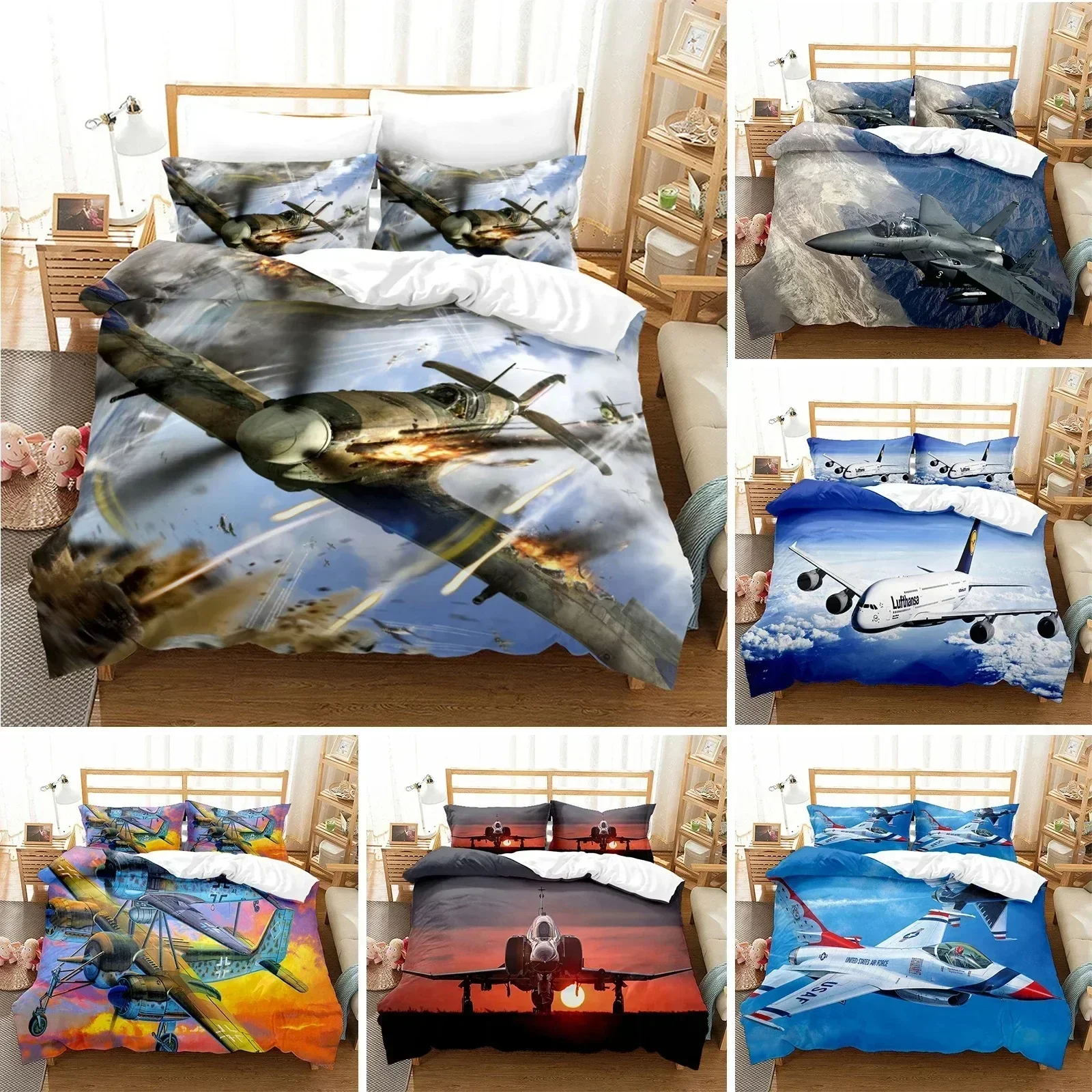 Top 3D Airplane Fighter Duvet Cover KingQueen Size,flying Fighter Jet Bedding Set modern Cool Airplane Quilt Cover