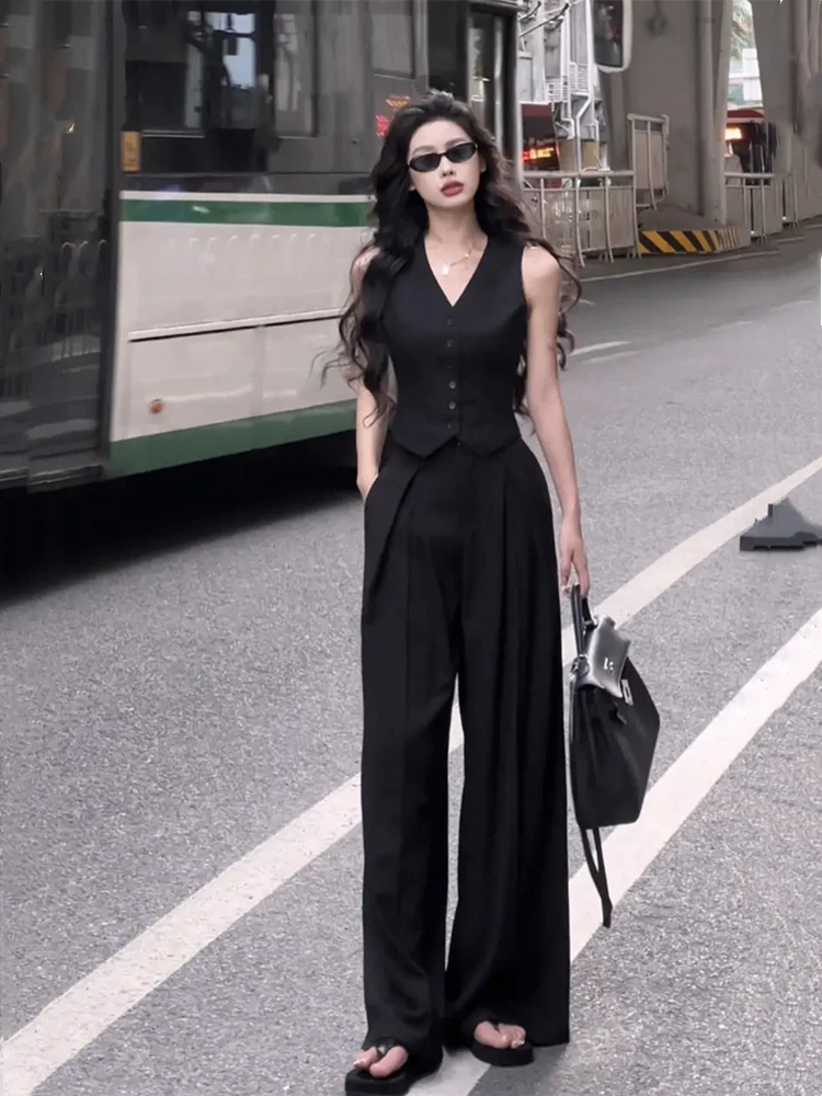 

Faionable Street Sle Slimming Set Women Summer Hot Girl plus Size Conceal Meat Vest Wide Leg Suit Pants Two Piece Set