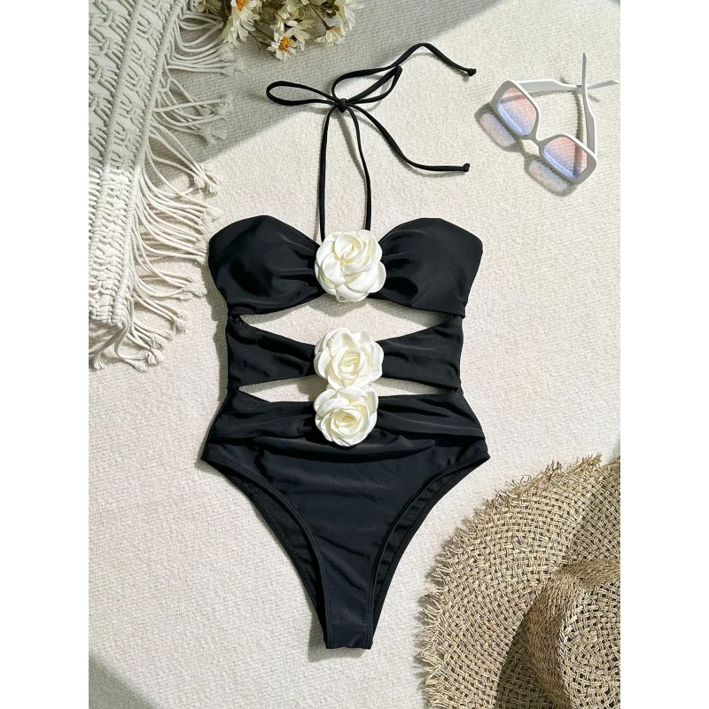 

2024New Sexy One-Piece Solid Color Flower BikiniinsWind Vacation Beach Women's Swimsuitbikini