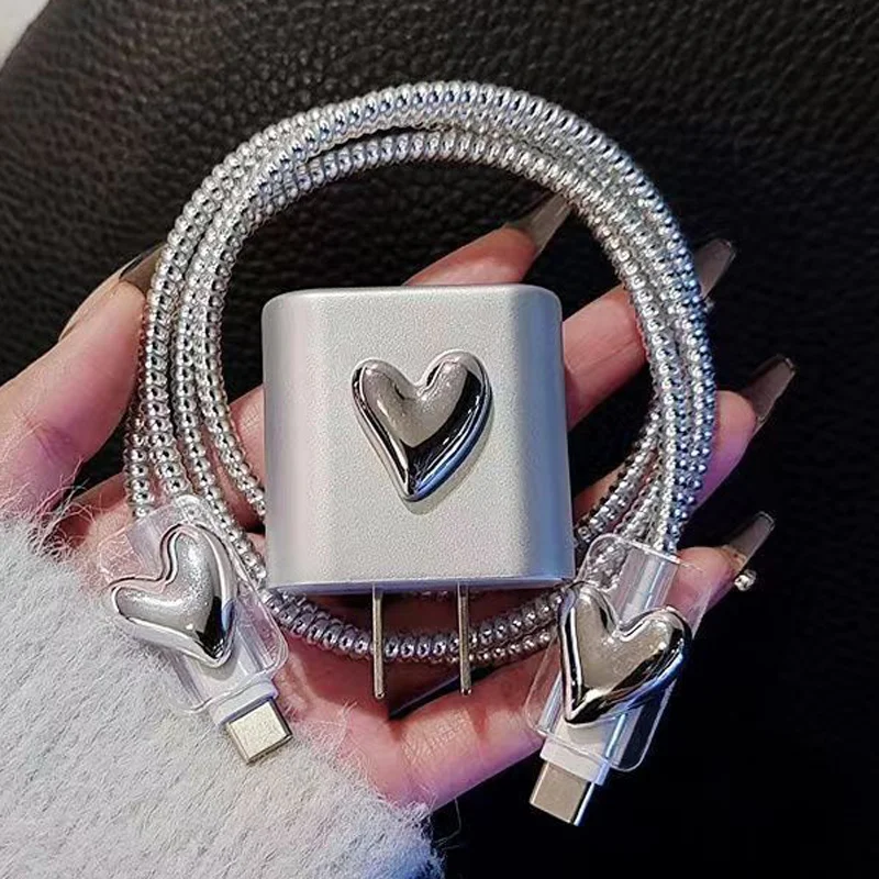 Charger Cable Protector For IPhone 15 14 13 12 18W 20W Original Charger Silver Heart Design Data Cord Winder Protective Sleever