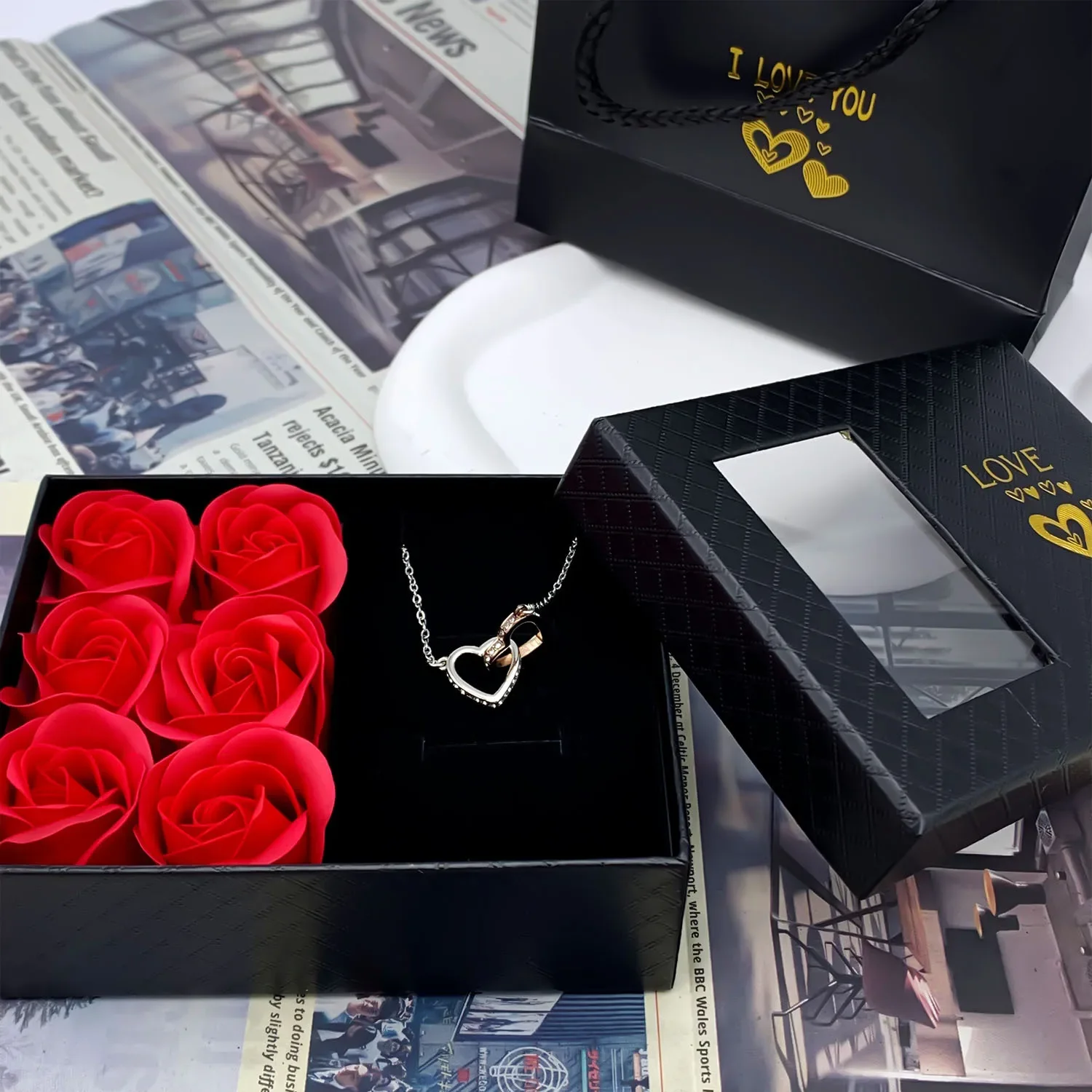 Valentine's Day Window Opening Jewelry Box Romantic 6 Rose Pendants Ring Bracelet Eternal Flower Jewelry Gift Packaging Box Bag