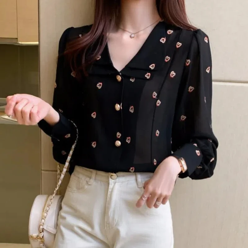 2024 New Spring and Autumn French Retro Versatile Chiffon Blouses Long Sleeve Square Collar Printed Button Women\'s Shirt Top