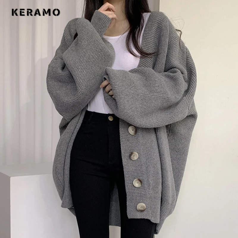 Vintage Style Women Solid Color Knitting X-long Grey Cardigans 2024 Winter Long Sleeve Fashion Casual Oversized Simple Sweater