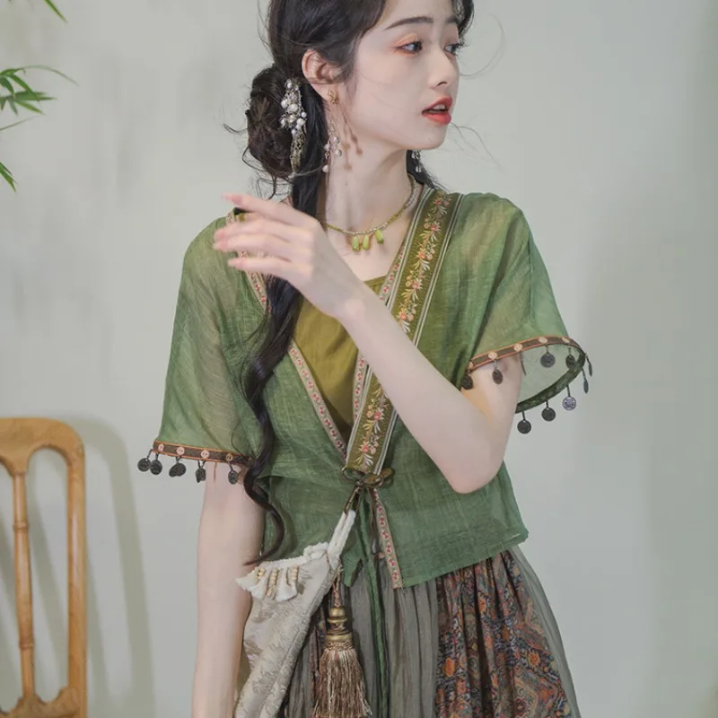 

Chinese Traditional Hanfu Green Top Lantern Trouser Set Summer Women's Clothing