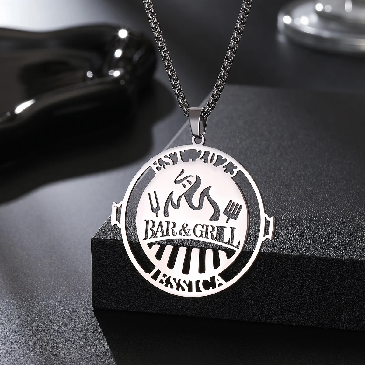 Customized Personalized Barbecue Name Necklace For Women Men Stainless Steel Hollow out Flower Pattern Pendant Jewelry Gift