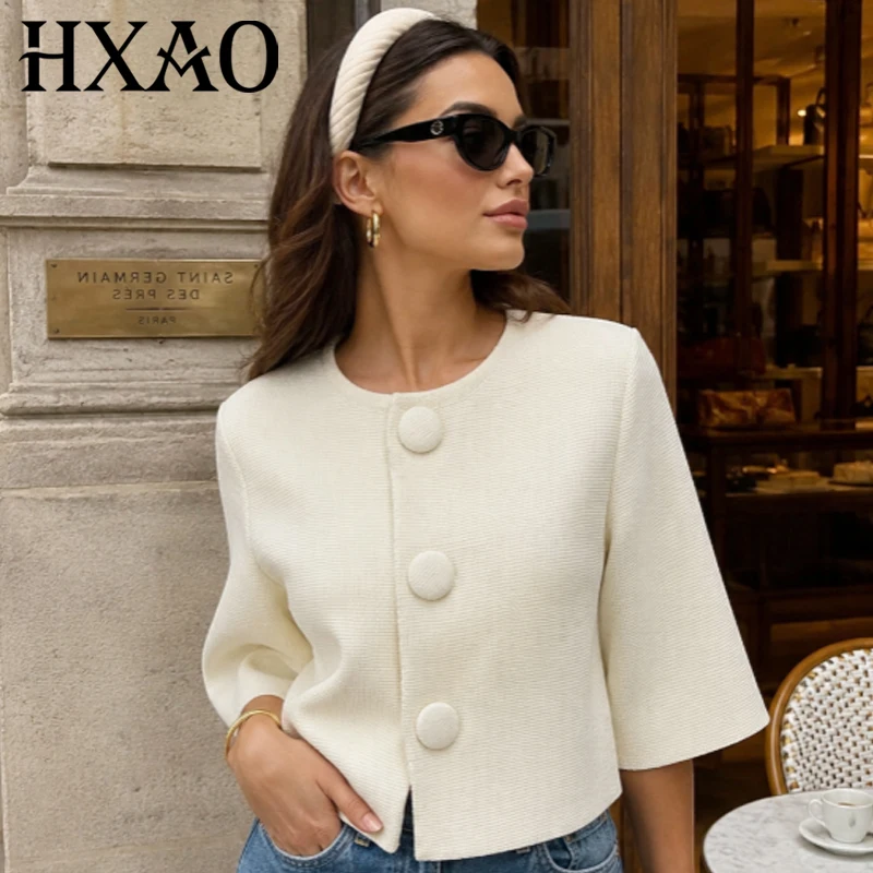 HXAO 2026 Crop Knit Cardigan Woman Summer Casual Off White Button Sweaters Chic O-Neck Short-Sleeve Bolero Tops Office Cardigan