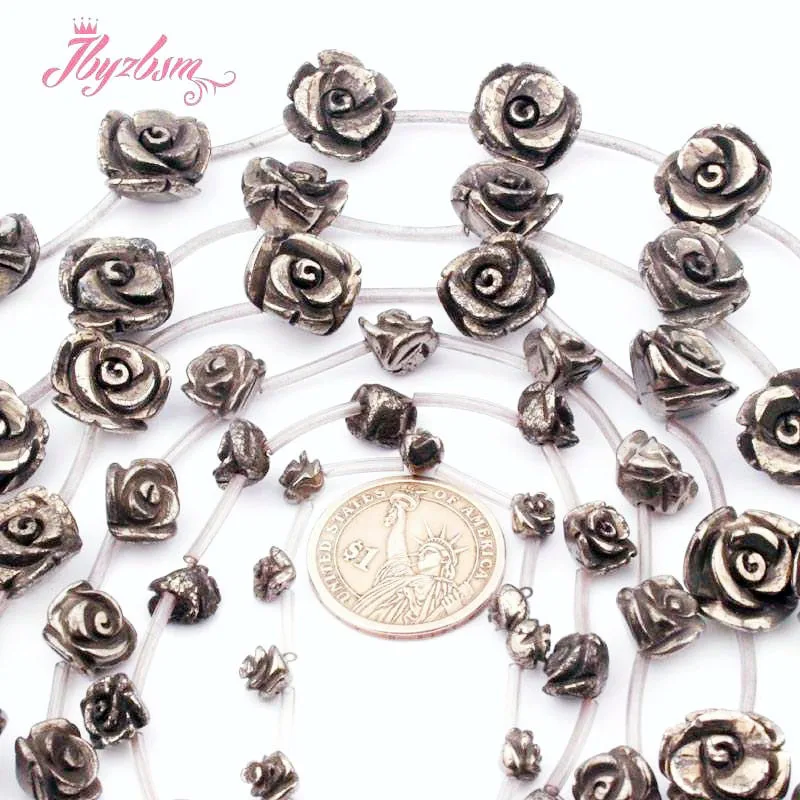 8 10 12 14 16mm Natural Pyrite Carved Rose Stone Beads  For DIY Accessories Earring Necklace Bracelet Jewelry Making Strand 15