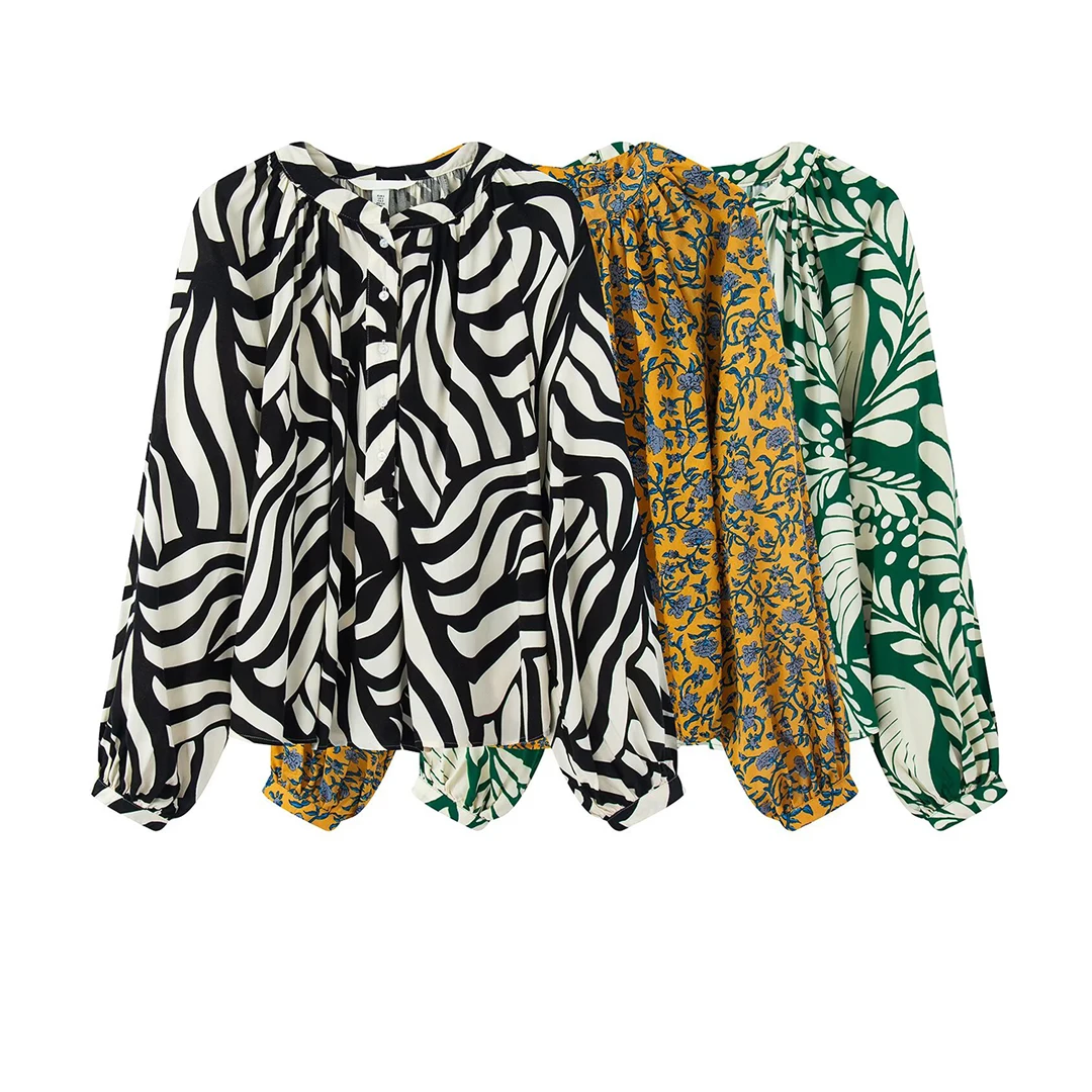

Korejepo New Women Clothing European American Style Printed Temperament Breathable and Loose French Lantern Sleeve Top