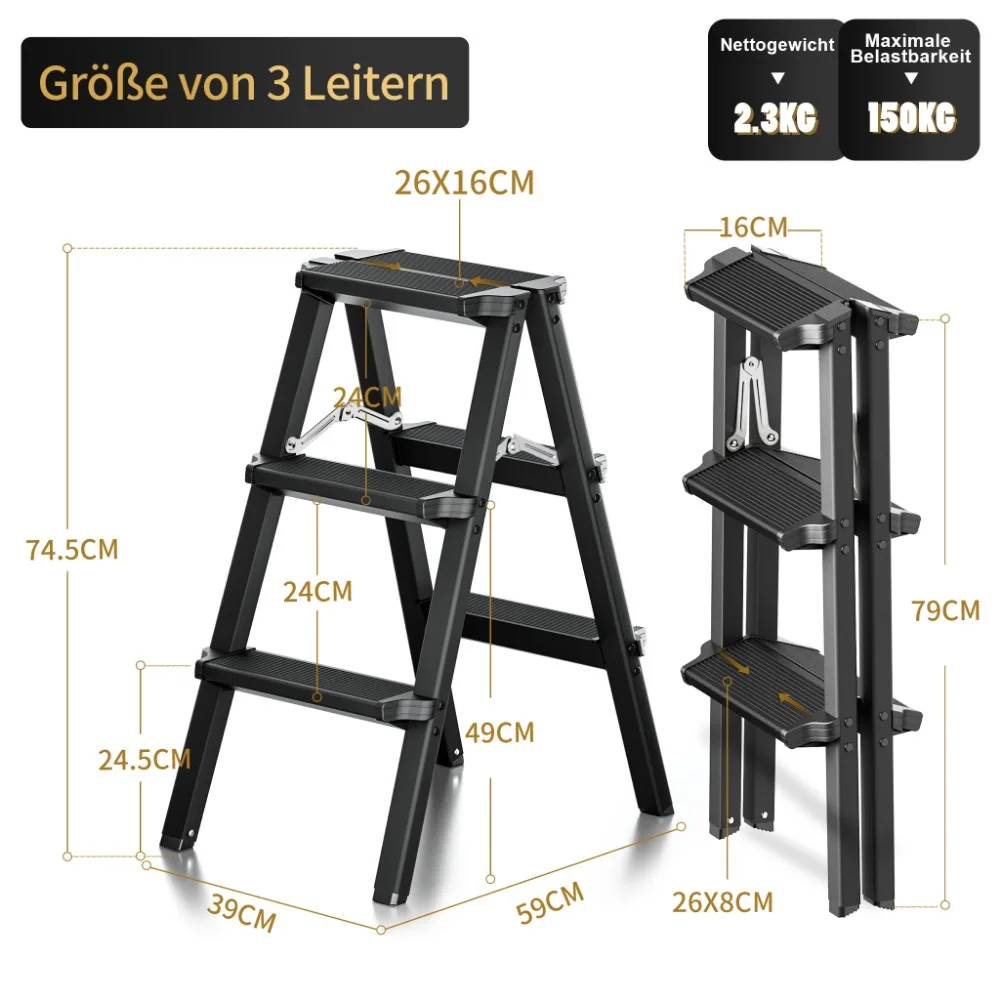 Ladnamy-Échelle noire à chevrons en alliage d\'aluminium épais, escabeau multifonctionnel d\'escalade d\'intérieur