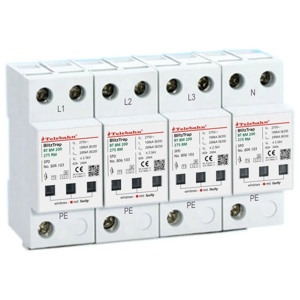 

SPD Factory Telebahn Uc150V 275V 320V AC 4P 50kA 100kA 200kA T1 3-фазный TN-S защита от перенапряжения молниезащита SPD