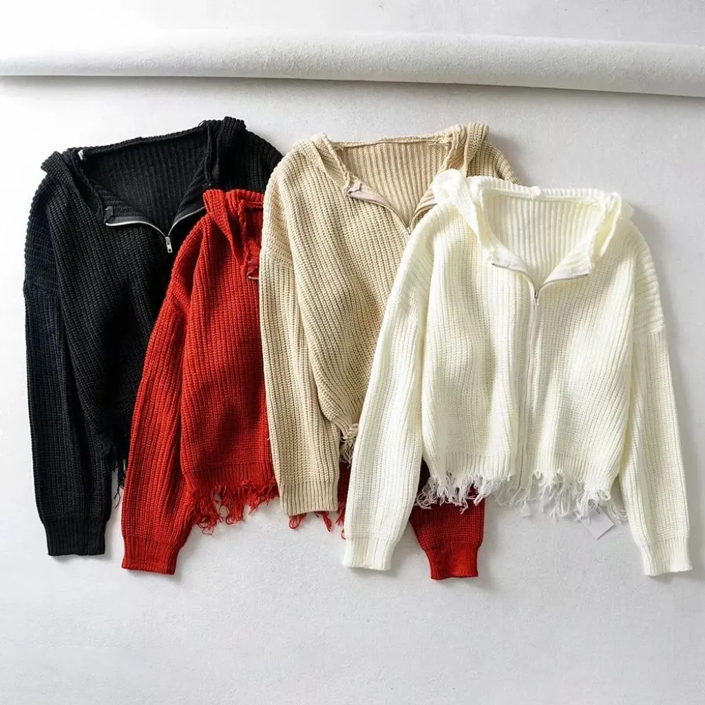 

Tassel Sweater Coat for Women Zipper Ripped Cardigan Knitwear European American Style Autumn Winter New Women's Fashion
