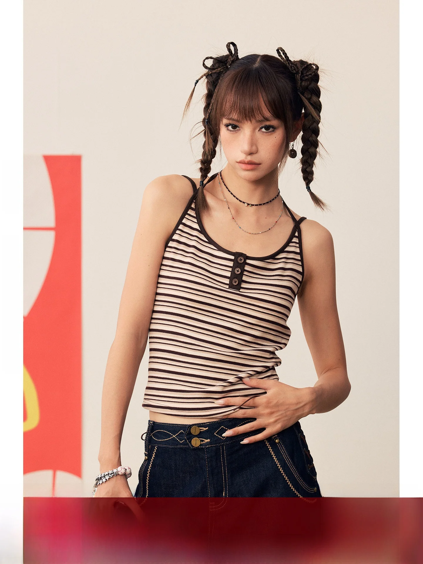 

BeerBro Casual Music Festival Small Strap Women's Vest Built-in Chest Pad Necktie Stripe Color Block Short Length Cotton Blend