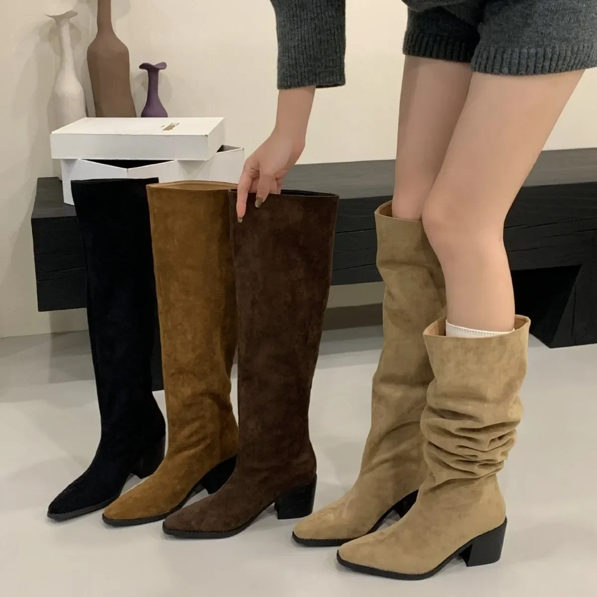 

High Heeled Suede Pointed Women Boots Long Leg Foldable Knight Boots Thick Heel High Leg Casual Boots Outdoor Fashionable Winter