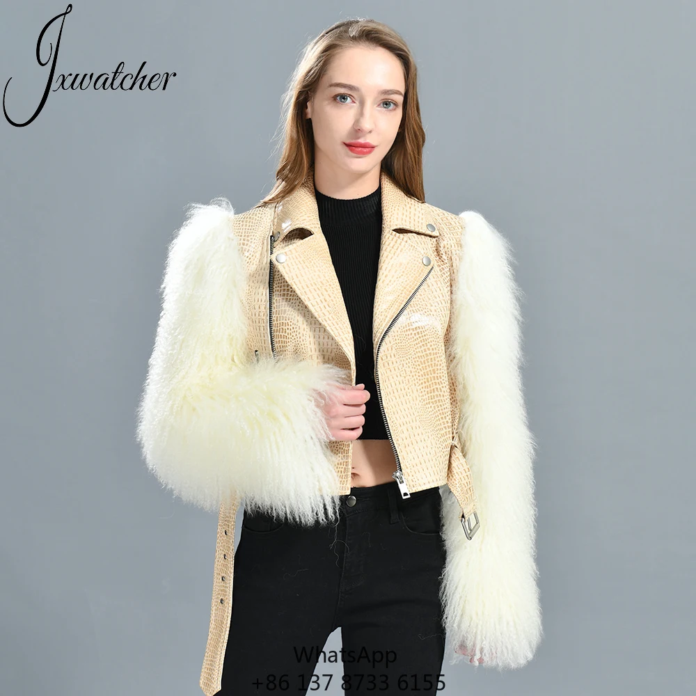 

Women Genuine Sheepskin Jacket With Real Mongolian Lamb Fur Sleeves Casual Wholesale Luxury Ladies Real Fur Leather Jacket