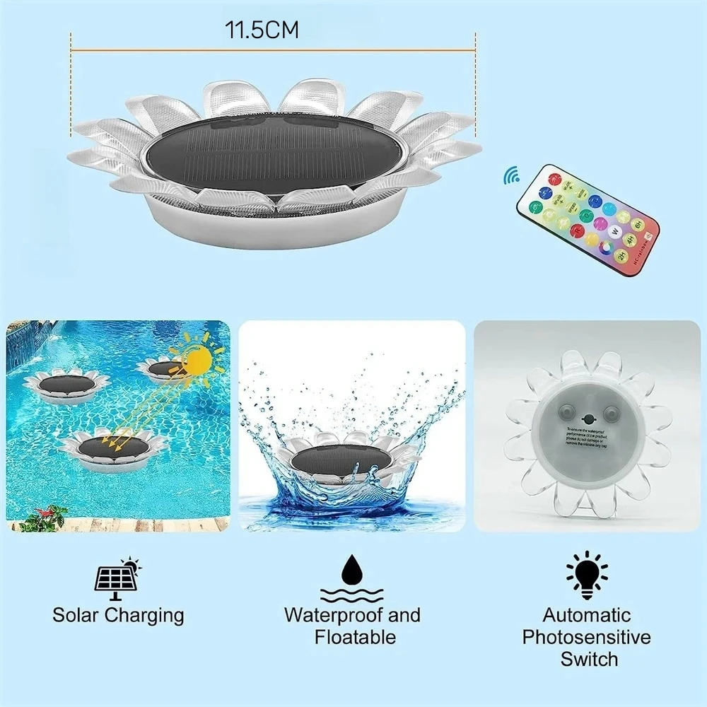 Sunflower Solar Waterproof LED Swimming Pool Pond Floating Night Lights for Pool Spa Patio Wedding Party Christmas Decorations