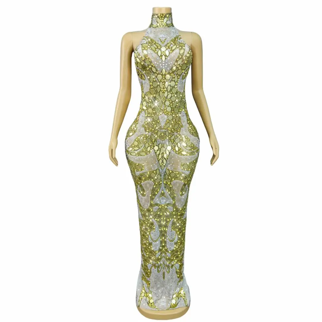 Caihua Abito da sera lungo da donna di lusso Abito da cerimonia nuziale con prospettiva a specchio geometrico dorato Abito da bar sexy senza schienale