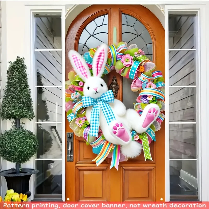 1PC, HEGO Easter Bunny Garland - Polyester simulated plush rabbit door cover for indoor/outdoor spring holiday decorations