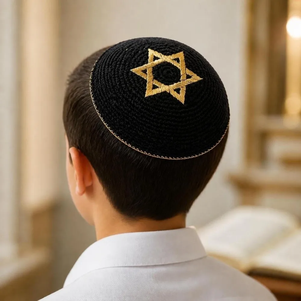 Round Shape Jewish Kippah for Men Breathable David Star Embroidery Knitted Ethnic Cap Skull Cap Retro Beanie Hat