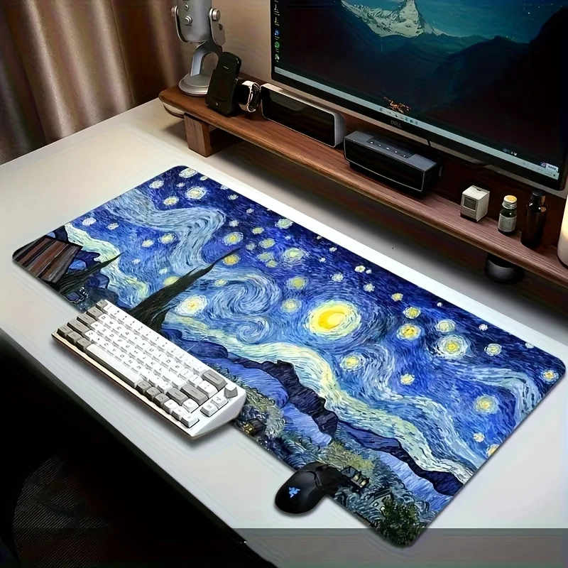 Van Gogh Art Style Starry Night Large Mouse Pad Desk Mat Non-Slip Stitched Edge Gaming Mats PC Accessories Keyboard Mousepads