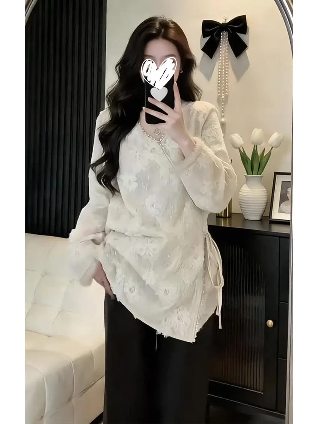 

Elegant Lace Open Cardigan Women's Inner Wear Midi Length Loose Top Shiny Sequins Gentle Wind Autumn Winter New Style