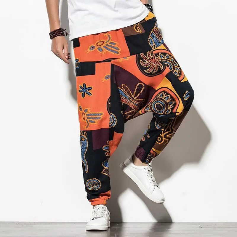 100% Linen Bloomer Men Pants Vintage Ethnic Print Big Drop Crotch Pants Harem Cross Trousers Chinese Styles Hip Hop Hippie Pants
