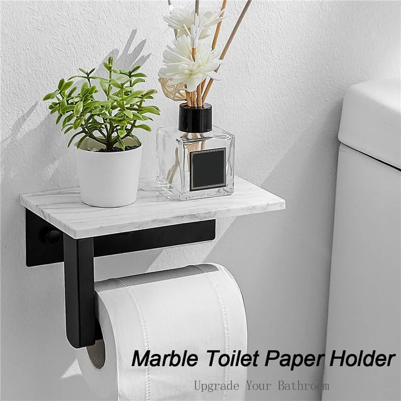 Soporte de papel higiénico de mármol A03F-2X con estante, portarrollos de papel higiénico, soporte de pared para gabinete de baño decorativo, negro