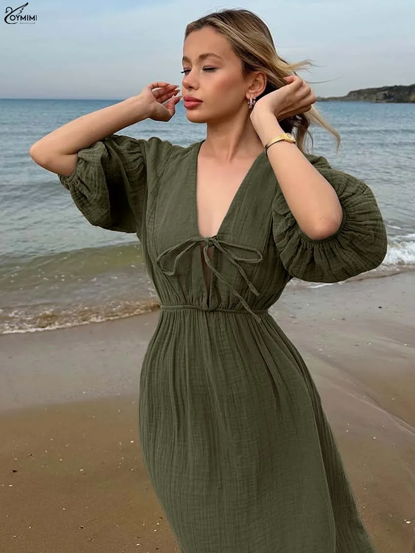 Oymimi-vestidos elegantes de algodón verde para mujer, vestidos con cordones y manga abombada con cuello en V, vestido informal holgado hasta el tobillo para mujer