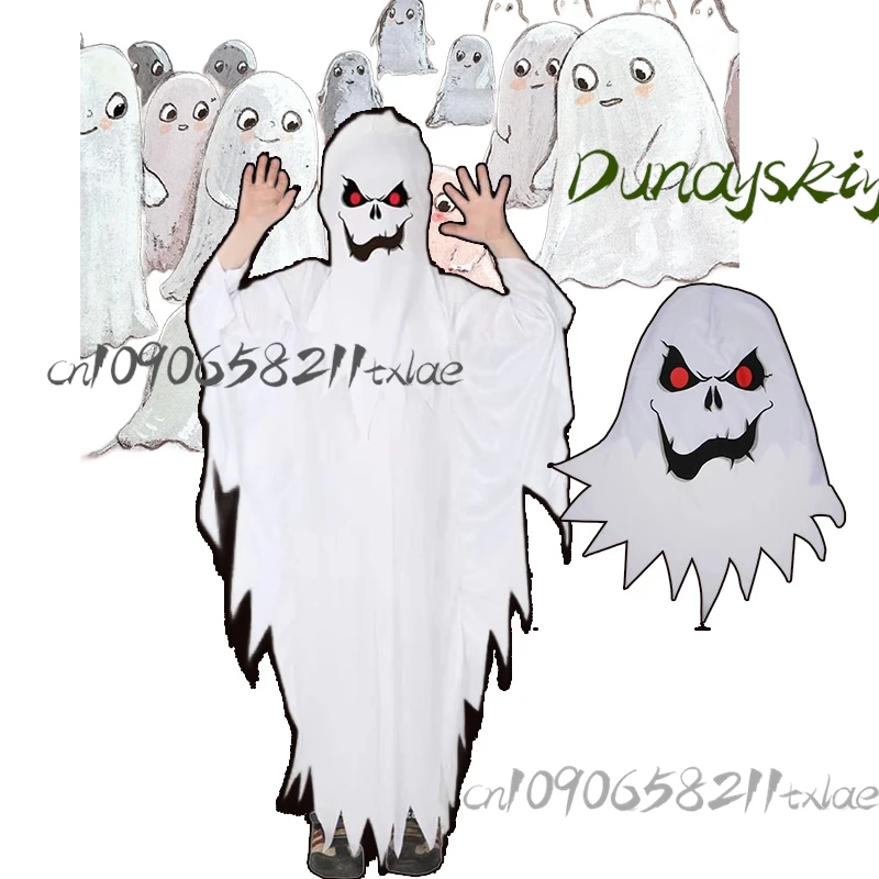 

Halloween Costume - Playful White Ghost Outfit Hood Cape Spooky Yet Cute Cosplay Set for Boys Girls Trick or Treat Approved
