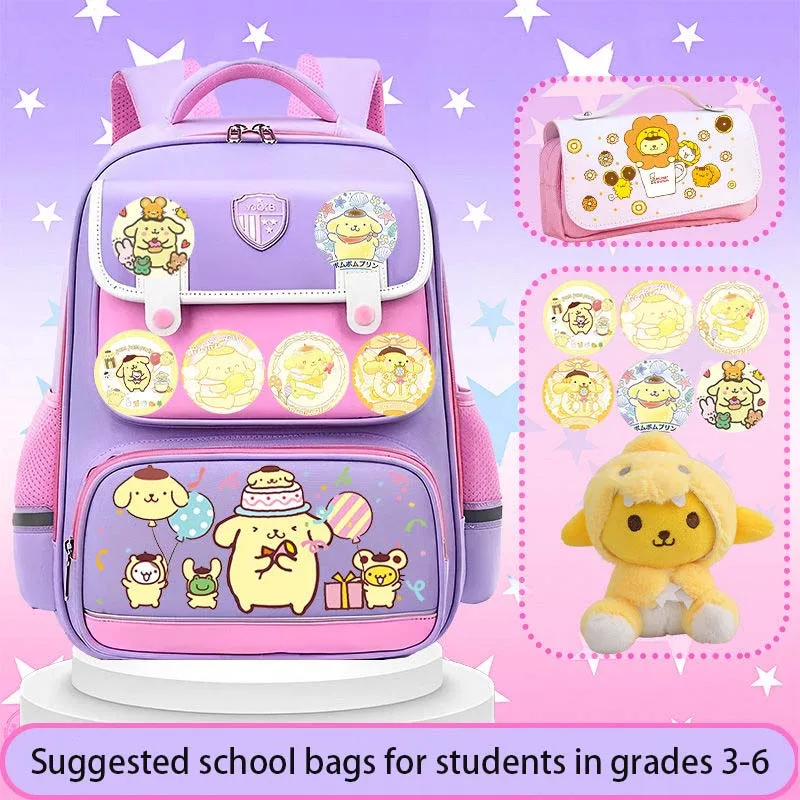 Sanrios My Melody Pompom Purins Elementary School Students Kids Bookbag Travelbag Stress Reliever Spine Protection Backpack Gift