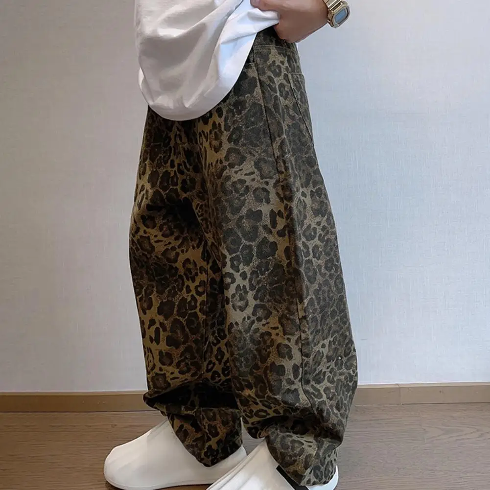 Hip-hop Style Pants Leopard Print Hip Hop Men\'s Pants with Deep Crotch Soft Breathable Fabric Mid Waist Pockets for Comfortable