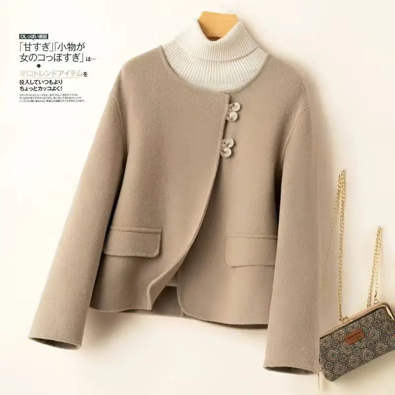 Autumn Winter New Korean Double-sided Wool Short Coat 100% Wool Women's Round Neck Cardigan Thick Warm Tops Solid Color Outwears