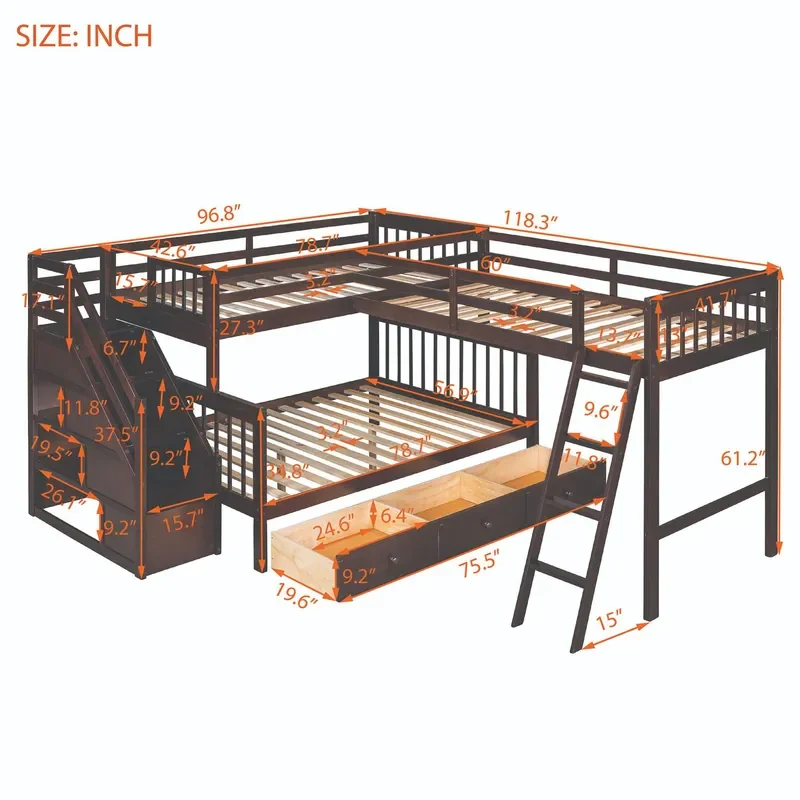 Dark Walnut Triple Bunk Bed with Storage Ladder and Bottom Drawers for Kids Space Saving Solid Wood Frame
