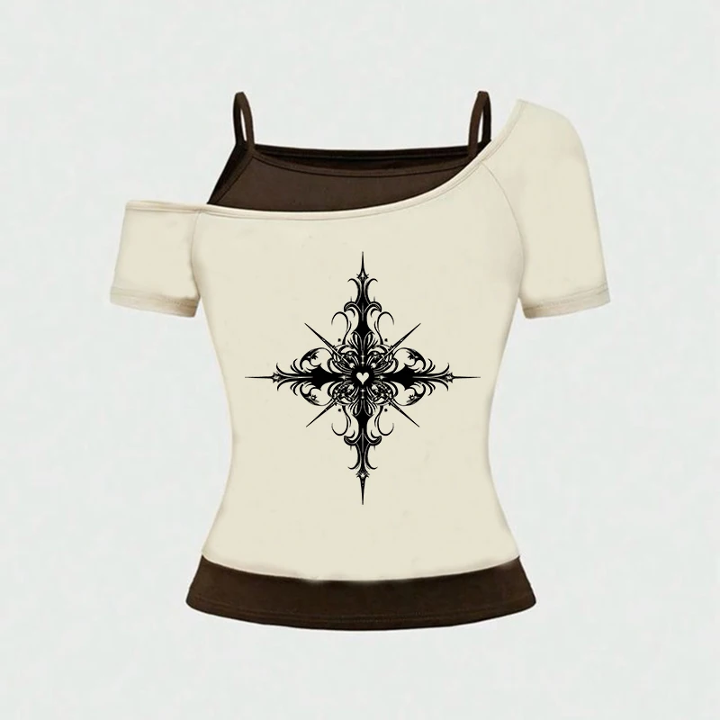 شيك Y2K جماليات ريترو الشارع الشهير المحملة Harajuku الشرير عادية سليم الاتجاه المحاصيل الأعلى القوطية الهيب هوب مثير قصيرة الأكمام المرأة تي شيرت