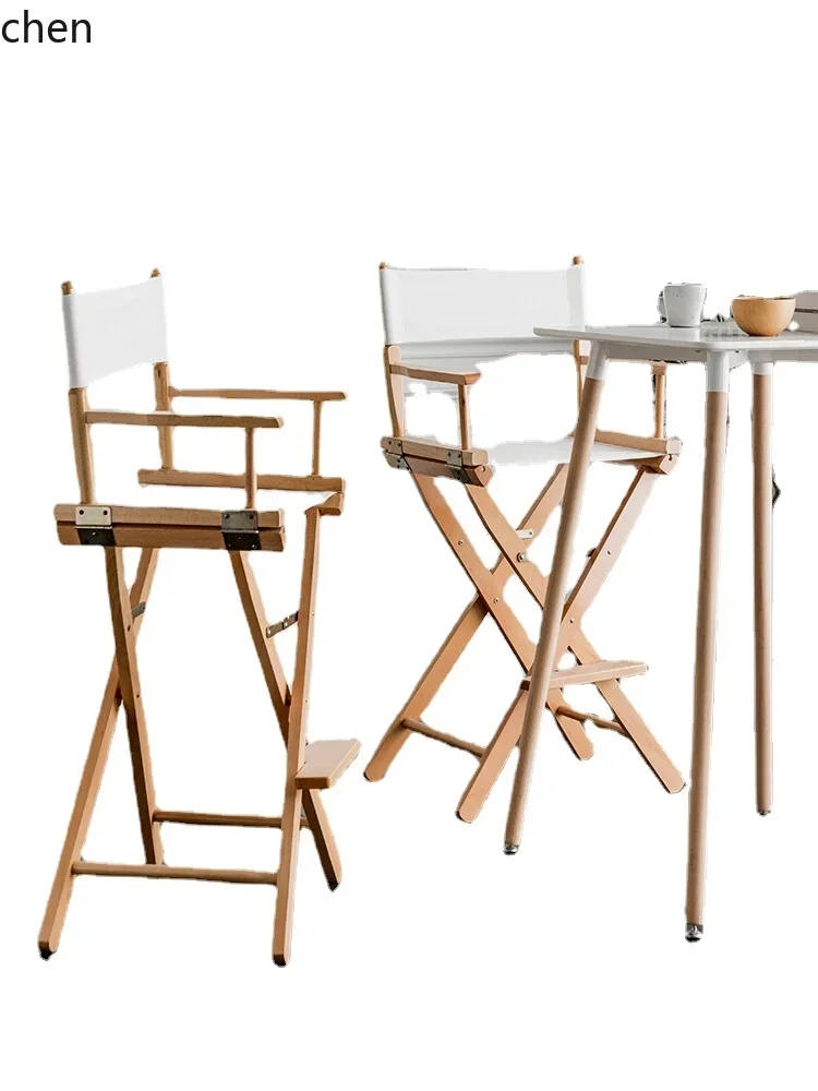 YFY Solid Wood Bar Stool Carrying Folding Chair Backrest Beach High Chair Leisure Canvas Director Chair